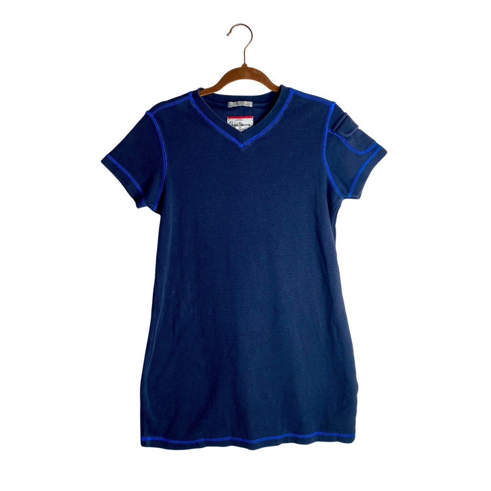 VTG Pepe Jeans Y2K Waffle Knit Tunic Top Mini Dress Navy Blue Contrast Stitch M
